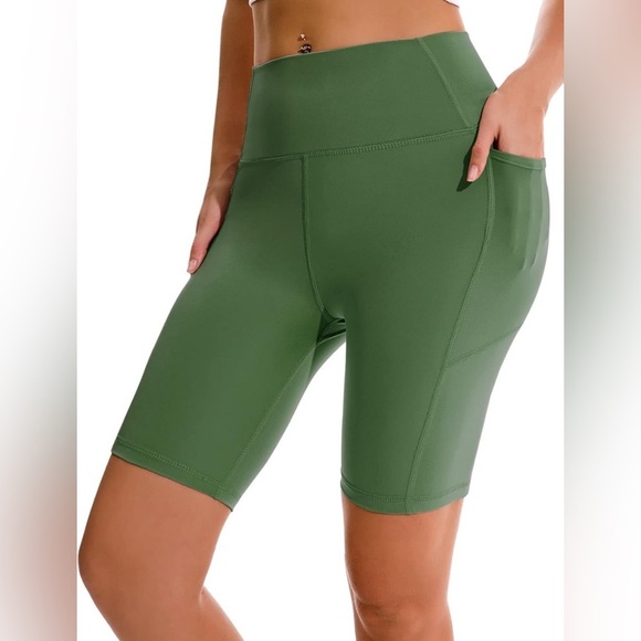 Apexup High Waist, Spandex Yoga Shorts w/Side Pockets-Size Small-Olive Green - Picture 1 of 6
